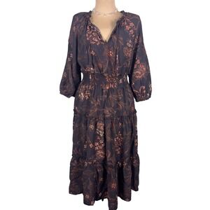 Angels Forever Young Floral Paisley Smocked Waist Tiered Midi Dress L Brown Boho